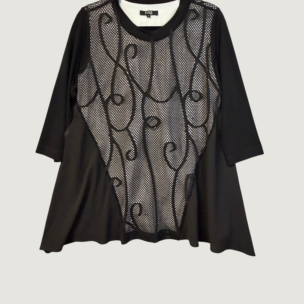 Lior Paris Black Mesh Scroll Embroidery A-Line Tunic Top 3/4 Sleeve Size M